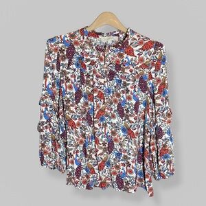 LOFT Size Large Ruffle Peacock Print Ruffled Full 3/4 Sleeve Popover Boho Casual